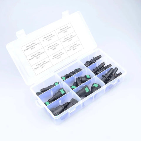 24 Piece Fuel Line Quick Connector Kit Assorted SAE Sizes 7.89mm 9.49mm 9.89mm To 8mm Includes 90 Degree And Straight Adapters And Pipe Fittings