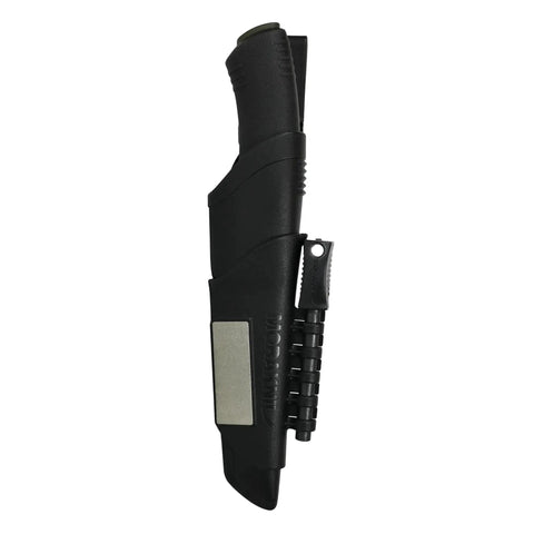 Bushcraft Survival Fixed Blade Knife With Carbon Steel Blade Black DLC Coated 4.3 Inch in sheath with fire starter attached