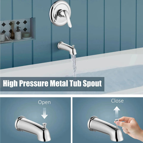 High pressure metal tub spout from Dual Shower Head And Handheld Spray System With Tub Spout, Rain Shower Head, 8 Settings, Chrome Finish