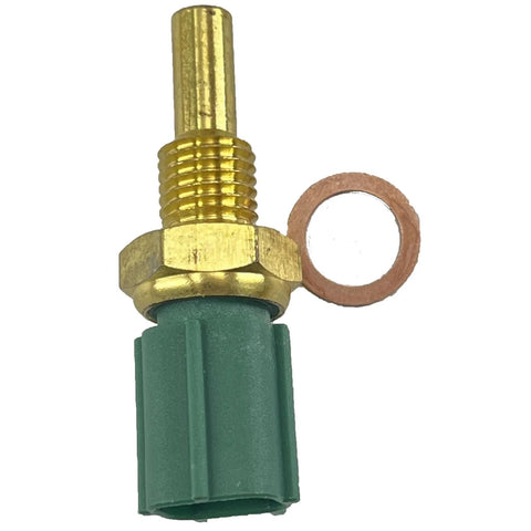Close-up view of engine coolant temperature sensor with brass threaded stem, green plastic housing, copper washer.