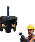 Heavy Duty Threaded Rod Nut Runner And Nut Zipper Drill Attachment That Shoots Through Conduit Rack Assembly and Strut System Setup Without Breaking A Sweat For Impact Drills close-up of nut driver with size markings.