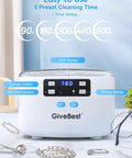 Powerful 45KHz Ultrasonic Jewelry Cleaner With 25oz Stainless Steel Tank, 35W Power, LED display, and preset timer settings.