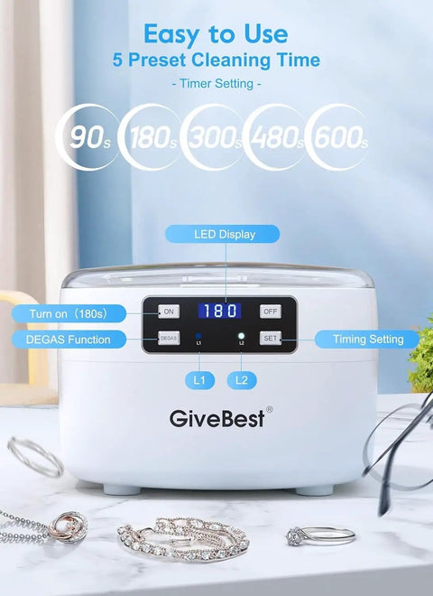 Powerful 45KHz Ultrasonic Jewelry Cleaner With 25oz Stainless Steel Tank, 35W Power, LED display, and preset timer settings.