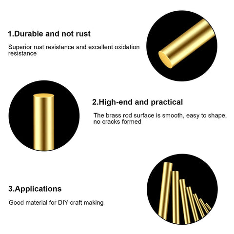 Three views of Twenty Pieces Brass Rods Three Thirty Second Inch Diameter And Three Point Nine Four Inch Long Brass Round Stock highlighting durability, practicality, and applications for DIY crafting.