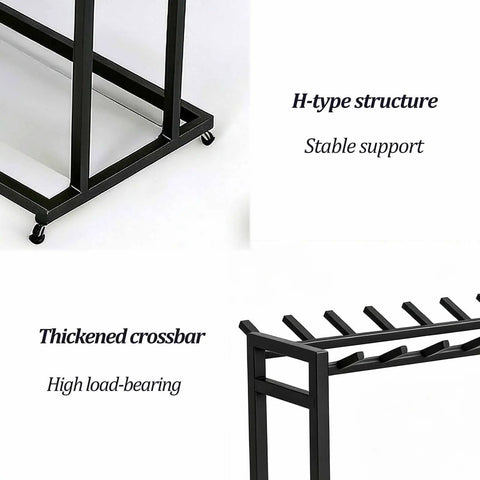 Heavy Duty Double Row Rolling Garment Rack With Twenty Bars For Life Vests And Wetsuits Ventilated Drying Shelf, H-type structure close-up.