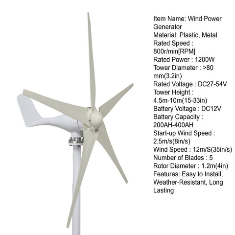 Rugged 1200W Wind Turbine Kit With Low Start Wind Speed Of 2.5 Meters Per Second, Five Blade Design, Weather Resistant And High Efficiency