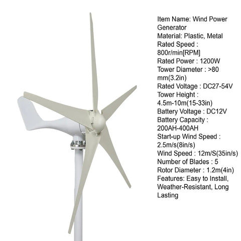 Powerful 1200W Wind Turbine Generator Kit For Home Use With 5 Blade System, metal and plastic, side view, no pole