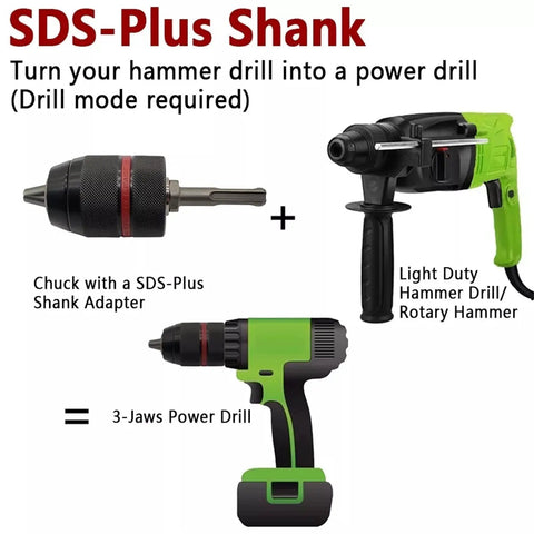 SDS-Plus Shank adapter for Heavy Duty Keyless Drill Chuck With Metal Tool Holder. Converts hammer drill into power drill setup.