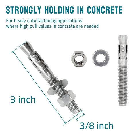 Three Eighths Inch By Three Inch Stainless Steel Wedge Anchors For Concrete And Stone Heavy Duty Expansion Bolts shown with dimensions