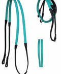 54 Inch English Rubber Grip Schooling Reins For Horses, Black Turquoise Leather Training Reins With Non Slip Thick Rubber Grip