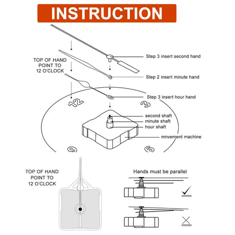 Instruction diagram for assembling Quartz Clock Movement Battery Operated No Tick Silent Wall Clock Mechanism Replacement Kit For DIY Repairs