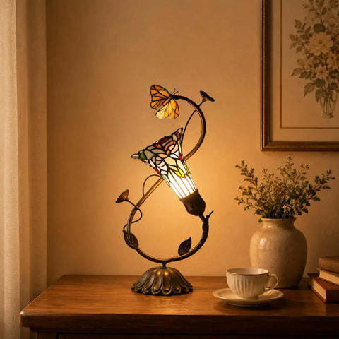 Butterfly Lily Flower Tiffany Style Stained Glass Accent Table Lamp Night Light For Living Room Bedroom Bedside 17 Inch Tall