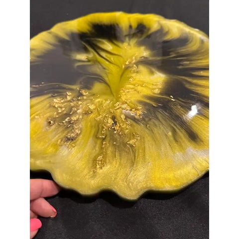 Yellow And Black Resin Lazy Susan With Gold Leaf Floral Centerpiece For Kitchen Or Dining Table 13.5 Inch Charcuterie Board Turntable