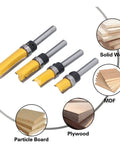 Adjustable Hinge Router Bit Set 4 Piece 1/4 Inch Shank Tungsten Carbide Blade Tenon Cutter showing four router bits for smooth cuts.