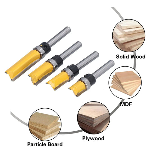Adjustable Hinge Router Bit Set 4 Piece 1/4 Inch Shank Tungsten Carbide Blade Tenon Cutter showing four router bits for smooth cuts.