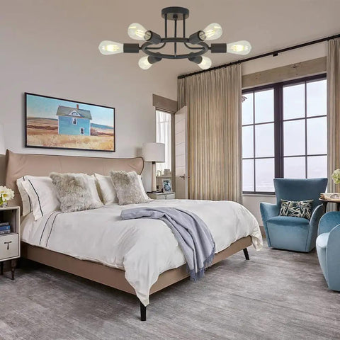Room featuring Dope Six Light Sputnik Chandelier In Black Modern Industrial Ceiling Light Fixture For Kitchen Dining Room Foyer Hallway Semi Flush Mount With Dimmable Edison Bulbs