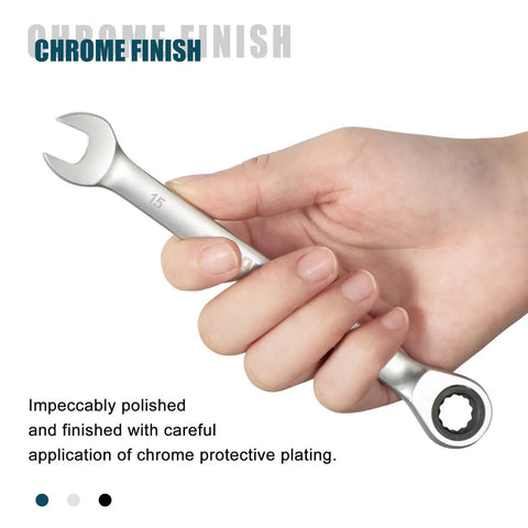 15mm Ratcheting Combination Wrench, Chrome Vanadium Steel Gear Wrench in hand showing 72 Tooth Precision Ratchet