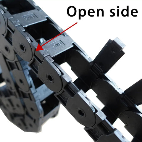Open Type Drag Chain Cable Carrier for CNC Router Mill and 3D Printer 39.4 inch long R28 bend radius showing open side