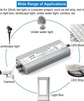 Diagram of Beefy 60W LED Driver Power Supply 24V DC 2.5A Waterproof Ultra Slim Transformer with various lighting applications.