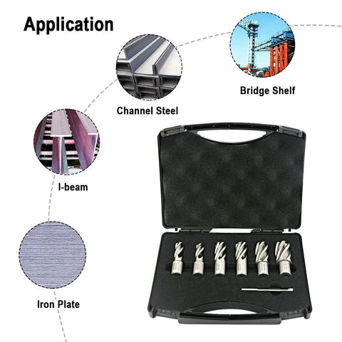 Pro Grade Magnetic Drill Annular Cutter Set, 7 Pcs 1 Inch HSS M2 Weldon Shank Bits, Cutting Depth 1 Inch, Diameter 0.5 To 1 Inch, Mag Drill Kit With Pilot Pins For Magnetic Drill Press