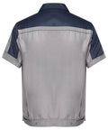 Back view of Mens Short Sleeve Mechanic Work Shirt With Reflective Safety Stripes And Zipper Front Straight Up Heavy Duty Contrast Navy Gray.