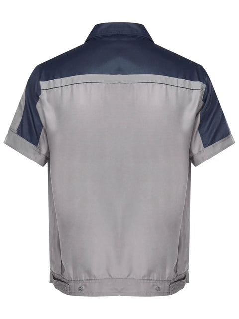 Back view of Mens Short Sleeve Mechanic Work Shirt With Reflective Safety Stripes And Zipper Front Straight Up Heavy Duty Contrast Navy Gray.