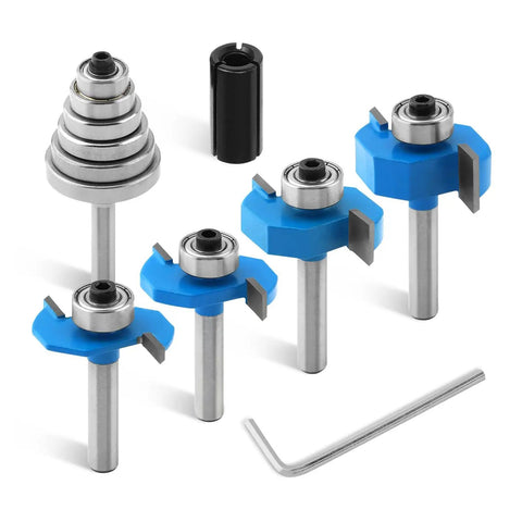 Pack Of 7 Top Notch Carbide Router Bits Set With Ball Bearings for Precision wood chamfering and adjustable cutting depths.