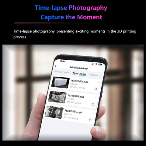Smartphone displaying time-lapse videos for Nebula Camera For 3D Printers Real Time Monitoring With Night Vision And Time Lapse Video Plug And Play Setup Works With Sonic Pad Nebula Pad Ender 3 V3 KE V3 Plus Ender 5 Max CR 10 SE Halot Mage Pro