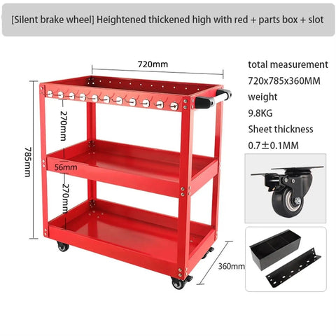 Rock Solid Red Tool Cart Rolling Storage Cabinet With Silent Polyurethane Wheels, three-tier design and measurements shown.