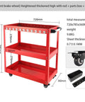 Heavy Haul Rolling Tool Cart With Silent Polyurethane Wheels And Rounded Corner Shelves For Your Ultimate Workshop Garage Flex And Red Parts Stacker Organizers side view showing dimensions and red three-tier design with silent wheels.