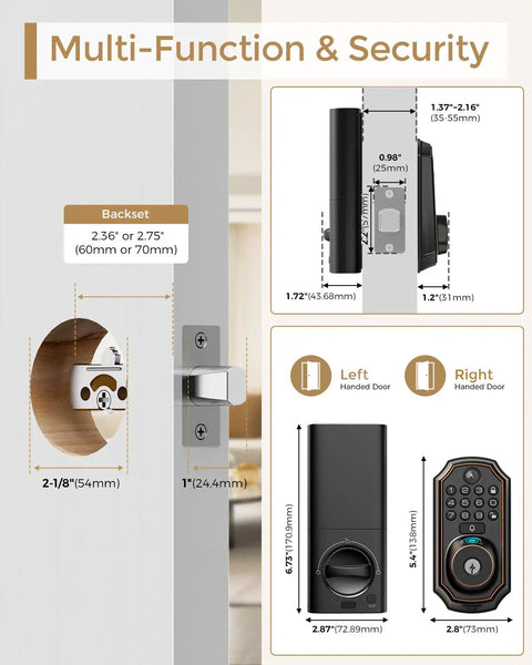 Multi-function dimensions for Next Level Wifi Smart Lock With Hd Camera And Video Doorbell Five In One Keyless Deadbolt.