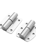 Close-up of two heavy duty 304 stainless steel spring door hinges for self-closing use on cabinets and gates.