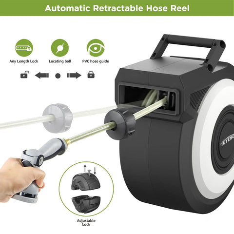 Retractable Garden Hose Reel 100Ft Wall Mount Heavy Duty Auto Rewind With Brass Fittings Leak Resistant 300 PSI with 2 nozzles