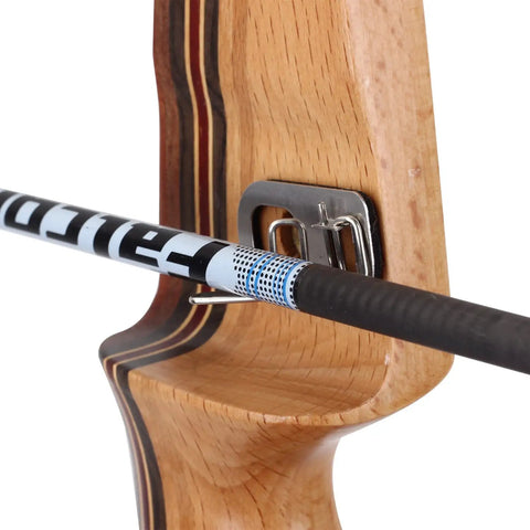 Three Piece Archery Arrow Rest For Recurve Bow With Durable Wire Design mounted on wooden bow for right hand use