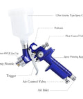 Badass Performance HVLP Mini Paint Spray Gun With Integrated Pressure Regulator And 125 Ml Gravity Cup featuring detailed parts labeling.