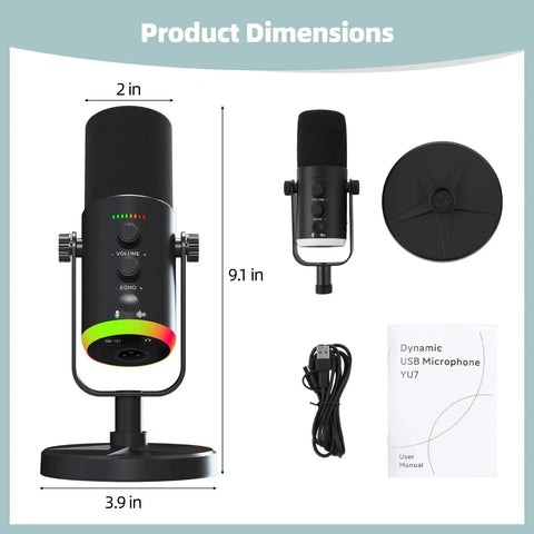XLR USB Dynamic RGB Microphone For Gaming And Streaming With Noise Reduction, One Button Mute, Easy Volume Control dimensions