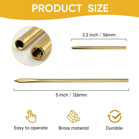 Product size diagram showing two brass leather lacing needles, 126mm x 4mm and 55mm x 3mm, part of Two Piece Brass Leather Sewing Needles For Hand Stitching And Lacing, Long Jumbo Lacing Needles Set, Fits Flat Leather Cord Up To 4mm, Manual Threading Tool For Leather Crafting And DIY Projects set.