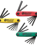 GorillaGrip Fold Up Hex And Torx Set Triple Pack With Color Coded Handles Includes 2mm 2.5mm 3mm 4mm 5mm 6mm 8mm Hex Sizes And Five Sixty Fourths To One Quarter Inch Hex Sizes Plus Torx T9 To T40 Made In USA Ultra Durable Pocket Tool Kit On The Go For, showing red, yellow, green handles.