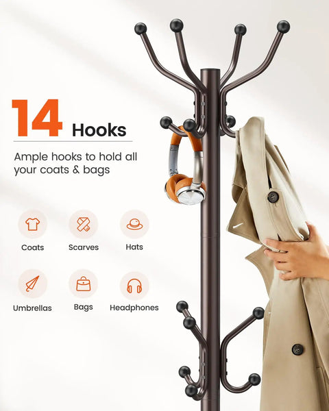 14 Hook Freestanding Coat Rack Stand For Entryway Hallway Bedroom And Office Metal Coat Tree Hat Rack with Coats
