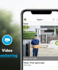 Smart Gate Opener Lite With App Control And Wireless Sensor showing video monitoring with a delivery worker at open gate on phone screen.