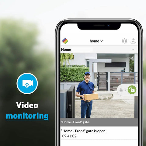 Smart Gate Opener Lite With App Control And Wireless Sensor showing video monitoring with a delivery worker at open gate on phone screen.