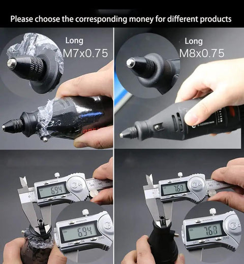 Keyless Three Jaw Chuck Rotary Tool Quick Change Adapter Kit being measured with calipers for size accuracy