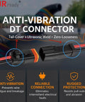 Close-up of an anti-vibration DT connector with tail-cover and ultrasonic weld shown, part of 2 Pin Deutsch Connector Kit For Cars And Projects, Waterproof IP67 DT04-2P DT06-2S Pigtail Harness, 14AWG Thick Wire, 6 Sets With 24 Heat Shrink Butt Connectors, Easy Car Electrical Wiring Bundle.