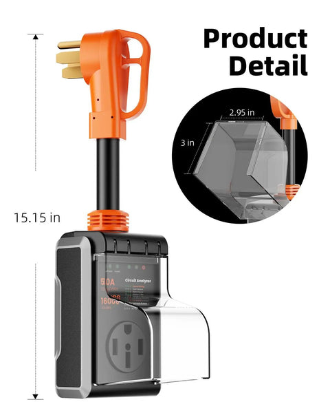 50 Amp RV Surge Protector With 16000 Joules, Waterproof Cover, Circuit Analyzer, Plug Adapter for Campers, 15.15 in height