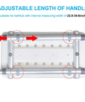 Bottom view of Heavy Duty Aluminum Bath Bench Seat for Tub, showing adjustable width 22.8 to 34.6 inches, fits most tubs