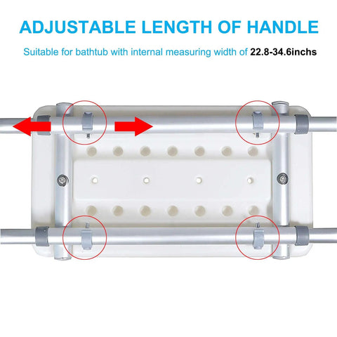Bottom view of Heavy Duty Aluminum Bath Bench Seat for Tub, showing adjustable width 22.8 to 34.6 inches, fits most tubs