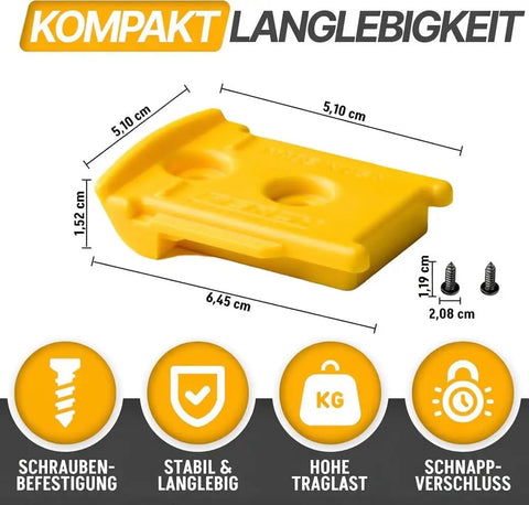Yellow 3 Pack Cordless Tool Holder Wall Mounts For 20V And 60V Tools Snap Fit Drill Organizer shown with dimensions
