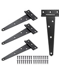 Six Inch T Strap Gate Hinges Four Pack Heavy Duty Rust Resistant Steel includes black steel hinges and screws for easy installation.