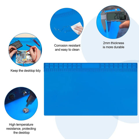 Oversized Soldering Mat 27.6 by 15.7 Inches Heat Resistant Silicone Workbench Surface With Anti Static Magnetic Pad, blue color, 2mm thick, corrosion resistant, organized compartments displayed.