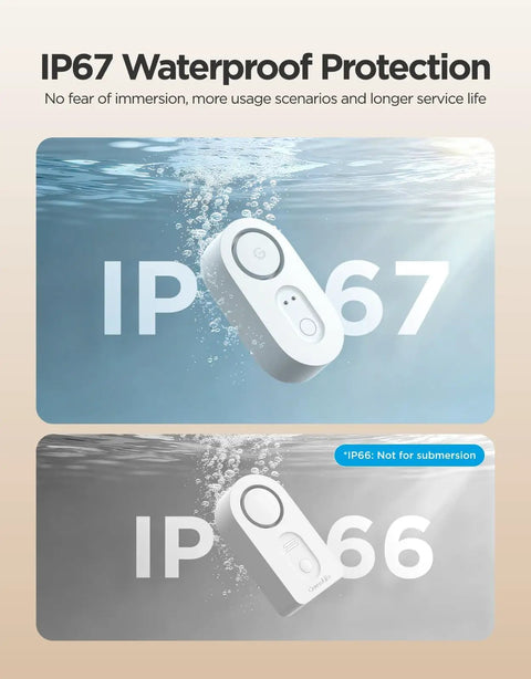 Smart Water Leak Detector With No Fuss Long Range 1804 Feet Wi Fi Sensor showing IP67 waterproof protection in water.